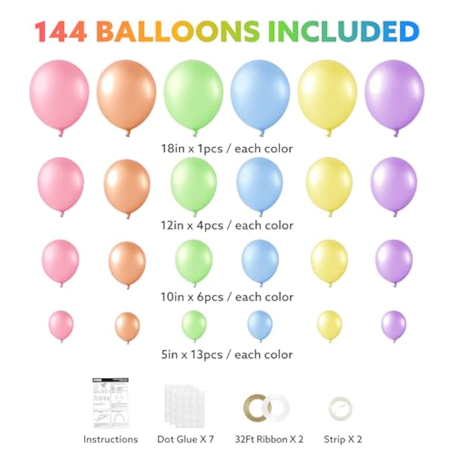 144pcs Pastel Rainbow Balloon Arch Kit in 6 Colors for Parties and Celebrations