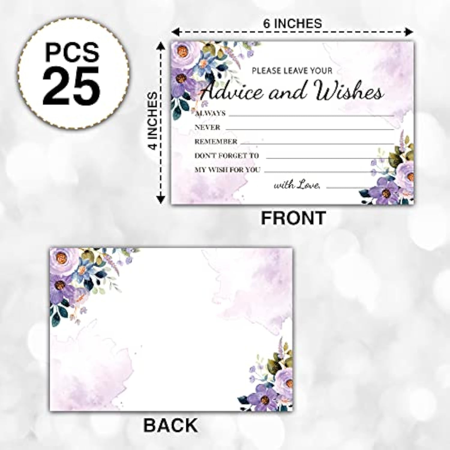 Purple Floral Advice And Wishes Cards, 25 Pcs Watercolor Purple Double Sided Advice Cards For The Bride And Groom, Mr And Mrs, Bride Shower, Wedding Reception, Engagement Party(08)