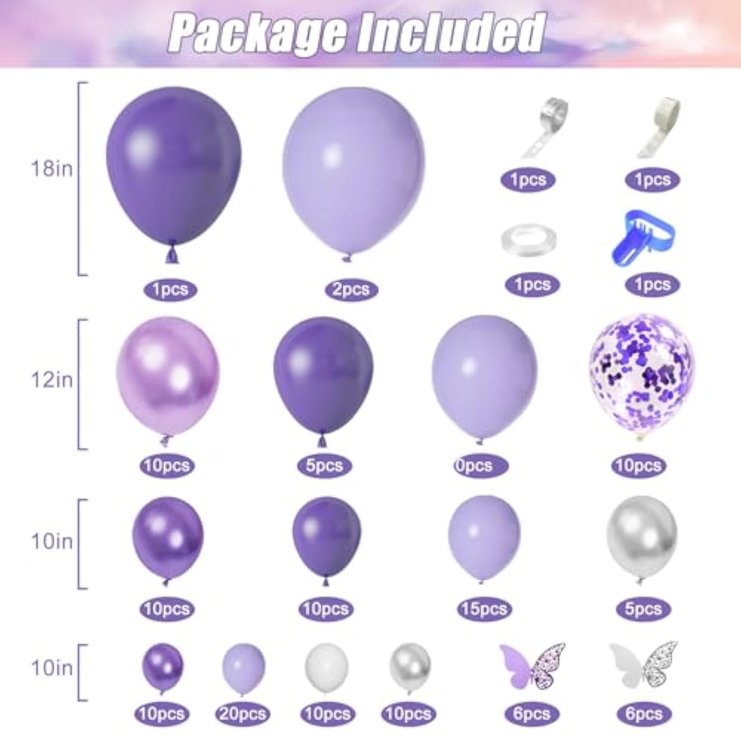 Purple Balloon Garland Kit: Lavender, Confetti, Butterfly Stickers
