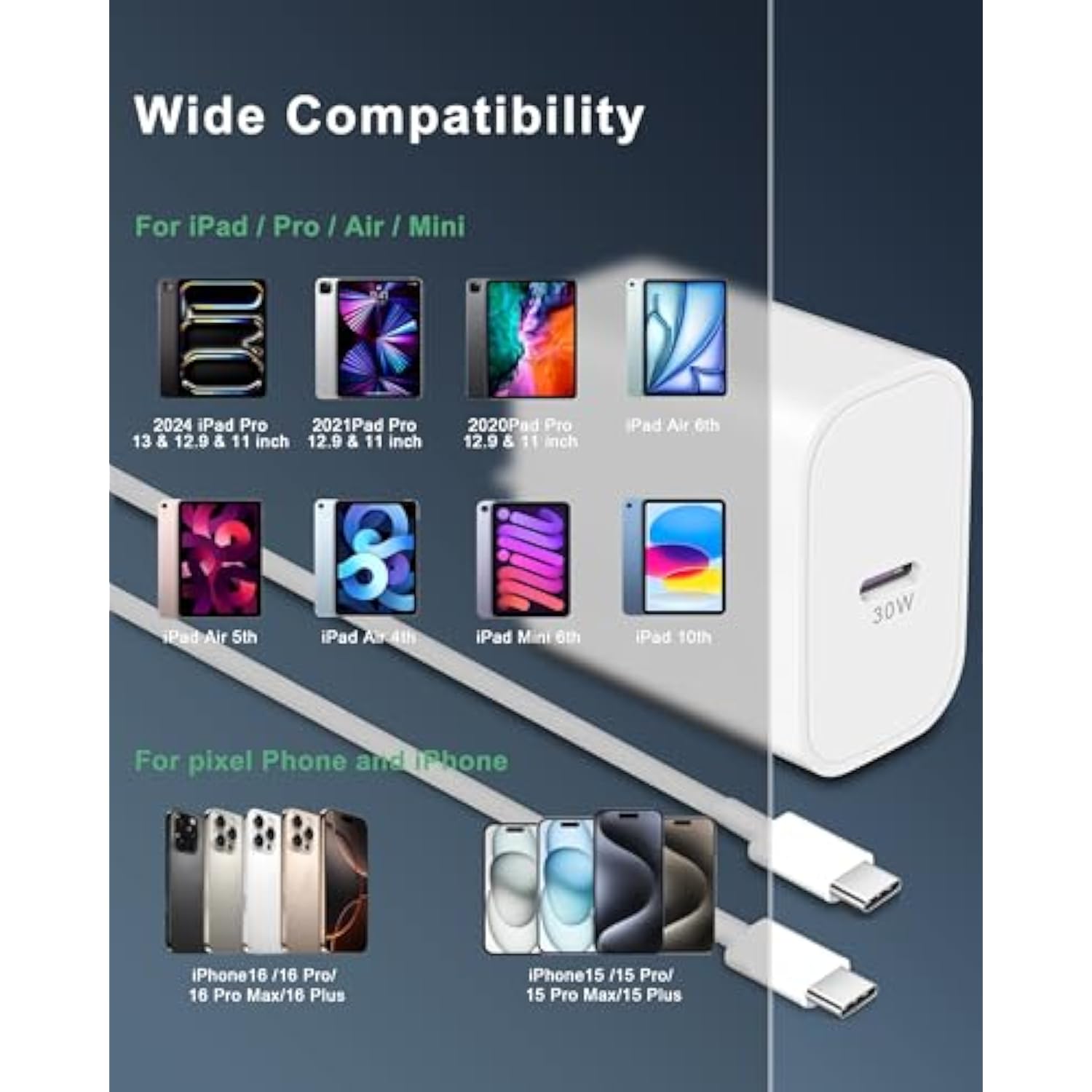 30W Usb C Fast Charger For Ipad Pro 13/12.9/11 Inch 2025/2024/2022/2020, Air M3/M2/5Th/4Th, Mini A17 Pro/6Th Gen, Ipad A16/10Th, Type C Super Fast Charging Wall Charger Block With 10Ft Long Usbc Cable