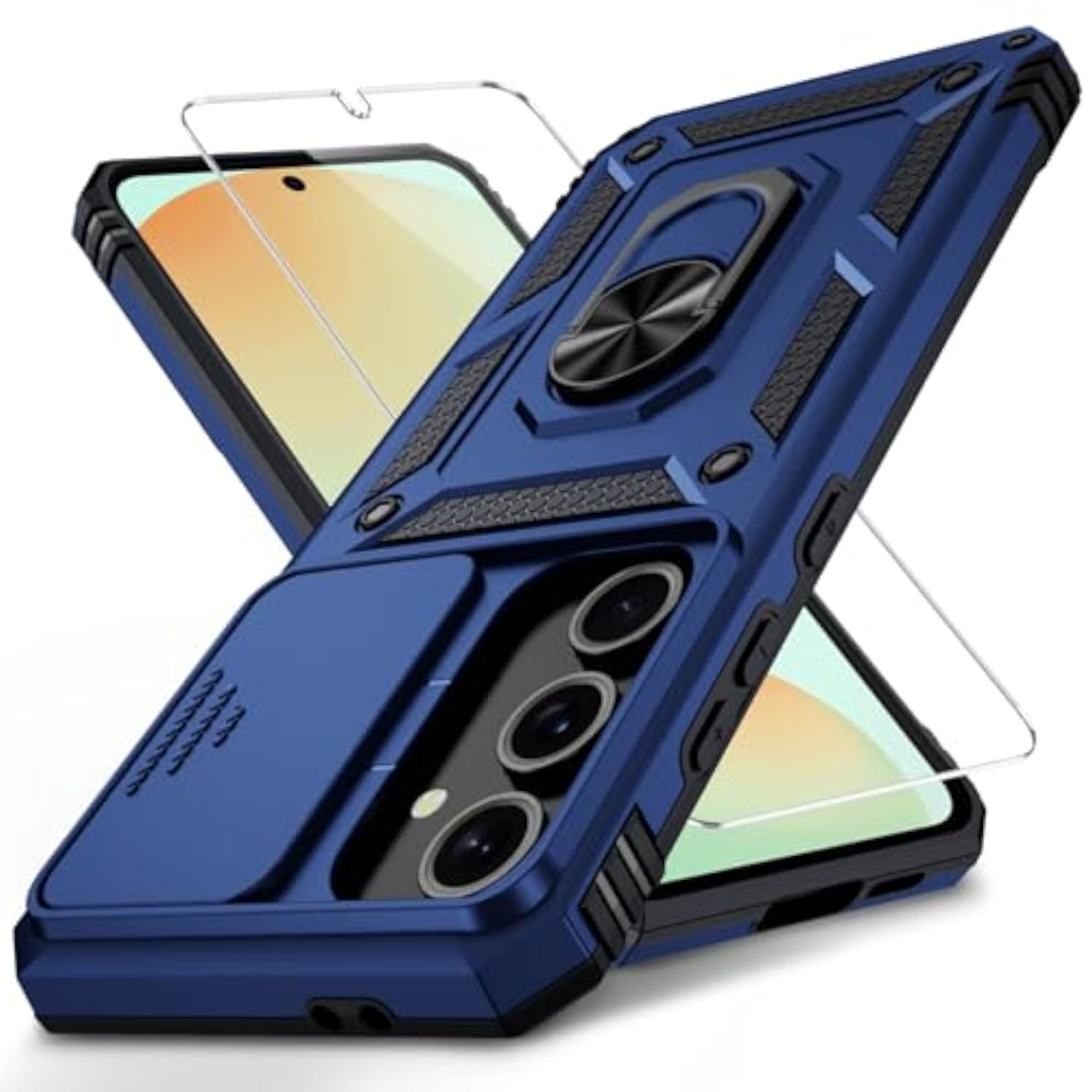Samsung Galaxy S25 Case with Camera Lens Cover, HD Screen Protector, 10 FT Military Grade Drop Protection, Magnetic Ring Holder Kickstand Protective Phone Case, Navy Blue