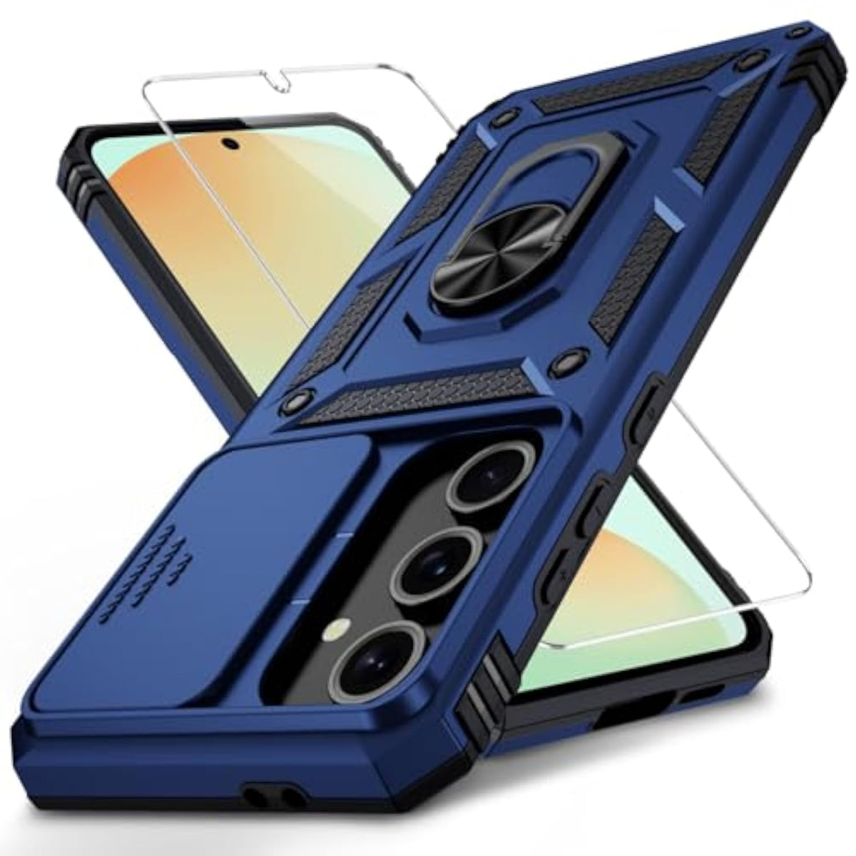 Samsung Galaxy S25 Case with Camera Lens Cover, HD Screen Protector, 10 FT Military Grade Drop Protection, Magnetic Ring Holder Kickstand Protective Phone Case, Navy Blue