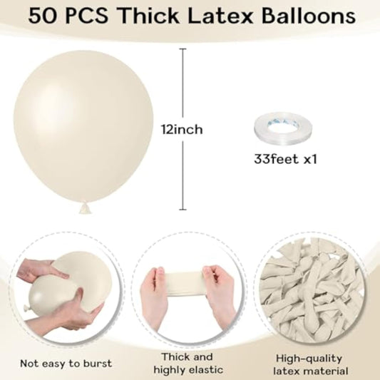 Sand White Balloons 12 Inch, 50Pcs Beige Matte Retro Off White Cream Latex Helium Balloons For Birthday Wedding Baby Shower Anniversary Party Decoration