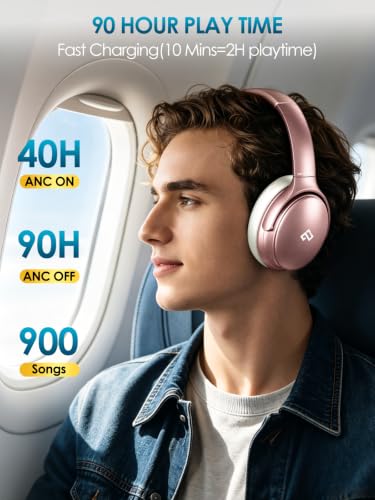 Upgrade Rose Gold Active Noise Cancelling Headphones With Microphone Wireless Over Ear Bluetooth, Deep Bass, Memory Foam Ear Cups, Quick Charge 90H Playtime, For Tv, Travel, Home Office