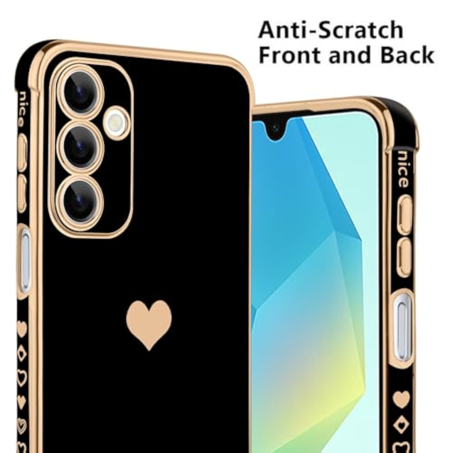 Compatible With Samsung A16 5G Case For Women Girl, Plating Edge Cute Love Heart Soft Tpu Bumper With 4 Corners Shockproof Protection Phone Case Cover For Galaxy A16 5G(Black)