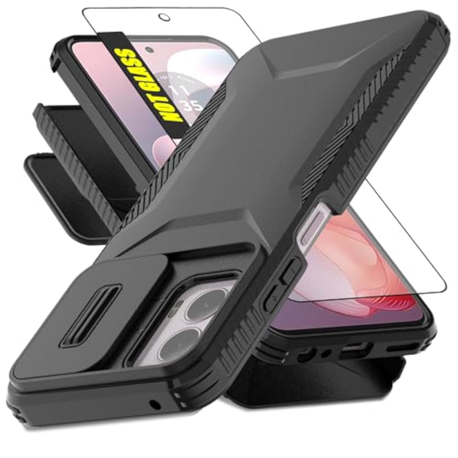 Motorola G Power 5G 2024 Heavy Duty Rugged Shockproof Protective Case with HD Screen Protector and Slide Camera Cover, Black