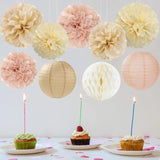 Champagne Beige Paper Flowers Tissue Pom Poms Honeycomb Lanterns 15Pcs Party Decorations For Boho Fall Rustic Birthday Baby Shower Neutral Autumn Wedding Bridal Hanging Decor