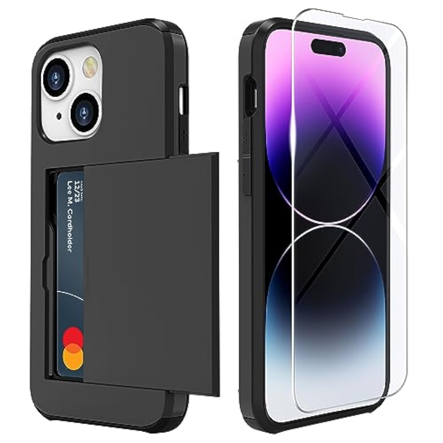 Card Holder Slot Case Compatible With Apple Iphone 15 6.1 Inches 2023, Phone Wallet Case With 1 Tempered Glass Screen Protector, Rubber & Pc Bumper Cover For Women Men, Black