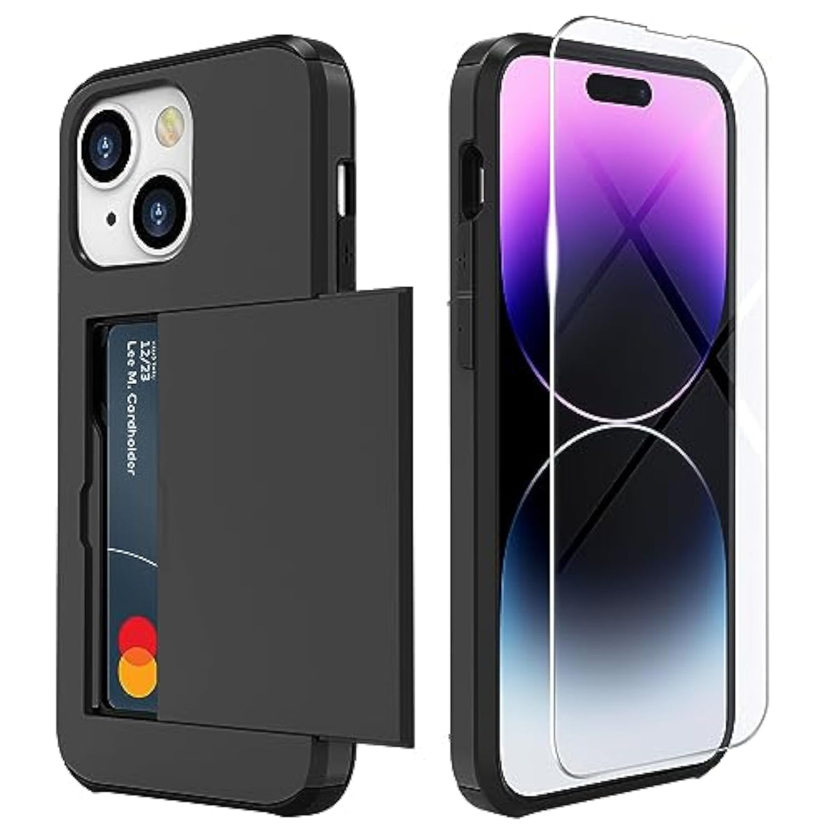 Card Holder Slot Case Compatible With Apple Iphone 15 6.1 Inches 2023, Phone Wallet Case With 1 Tempered Glass Screen Protector, Rubber & Pc Bumper Cover For Women Men, Black