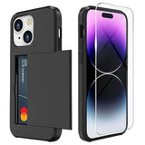 Card Holder Slot Case Compatible With Apple Iphone 15 6.1 Inches 2023, Phone Wallet Case With 1 Tempered Glass Screen Protector, Rubber & Pc Bumper Cover For Women Men, Black