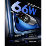 Retractable Car Charger, 4 in 1 Fast Car Phone Charger 66W, 2 Retractable Cables and USB Car Charger