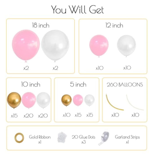 Pink And Gold Balloon Garland Arch Kit With Long Balloons, 5 10 12 18 Inch Pastel Pink White Metallic Gold Balloons For Girls Birthday Baby Shower Wedding Bridal Shower Party Decorations