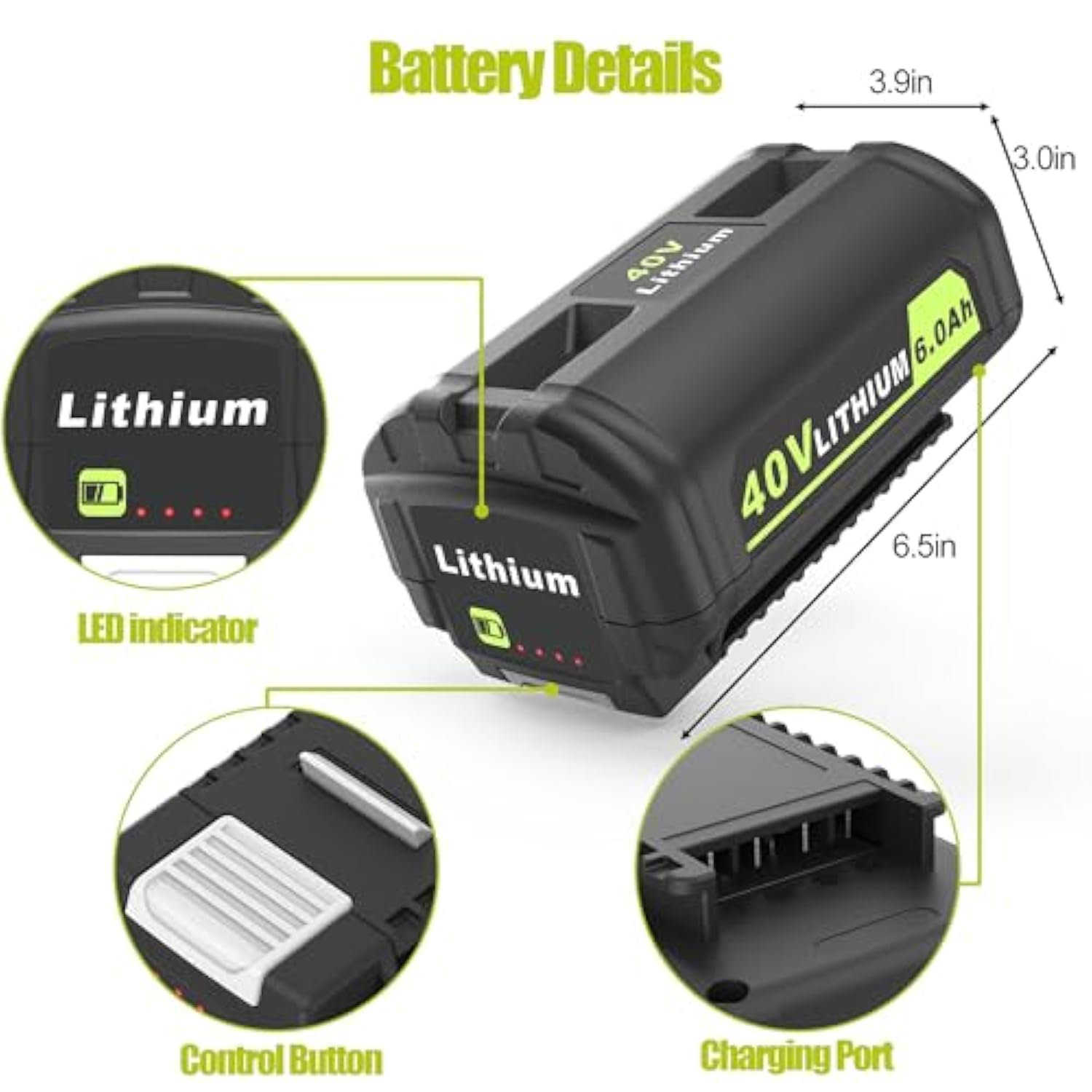 6.0Ah Battery Replace For Ryobi 40V Lithium-Ion Battery 6.0Ah Op4040 Op4050A Op40602 Op40201 Compatible With Ryobi 40-Volt Cordless Power Tools And 40V Battery Chargers