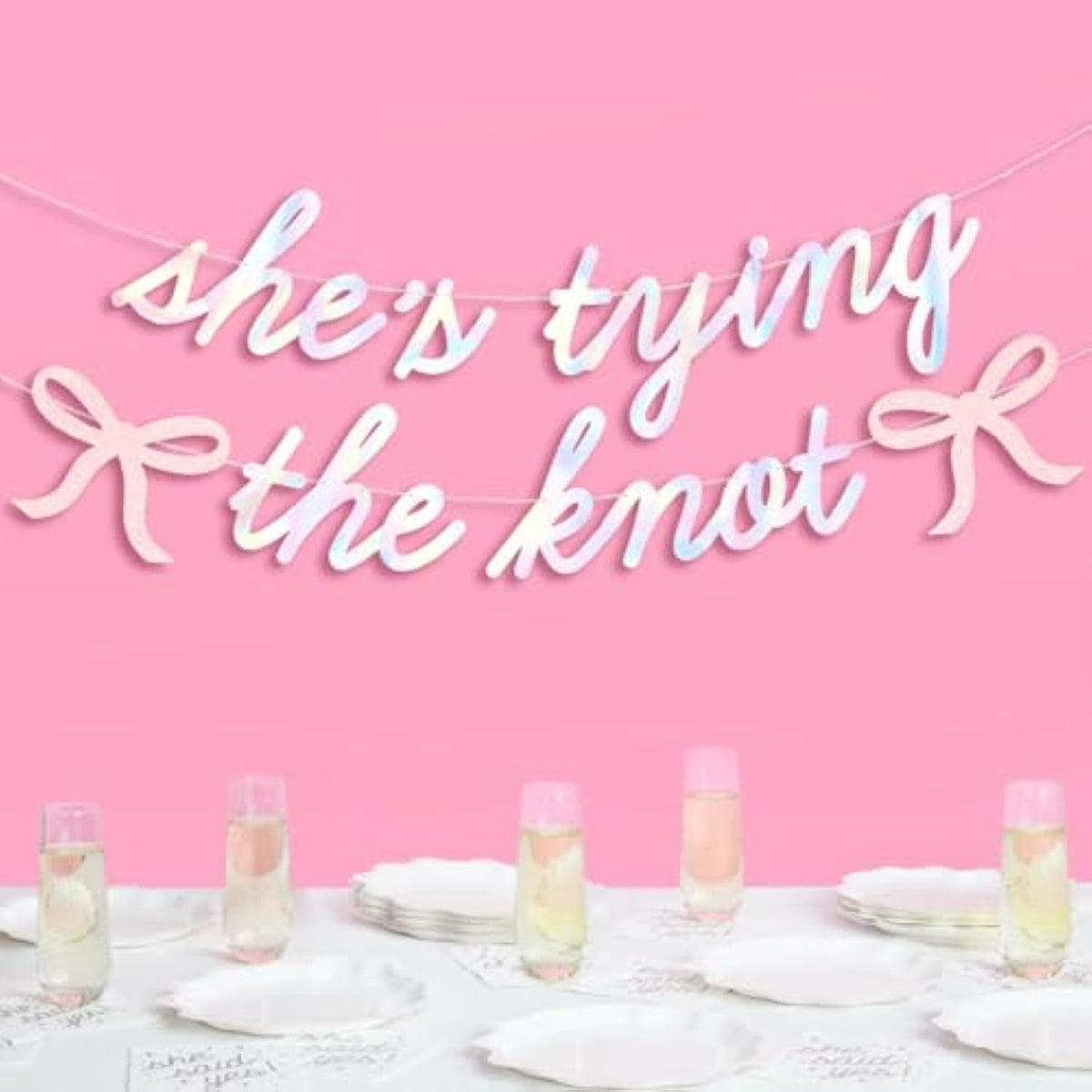 She’s Tying the Knot Iridescent Foil Banner 4.5Ft Bachelorette Engagement Decor