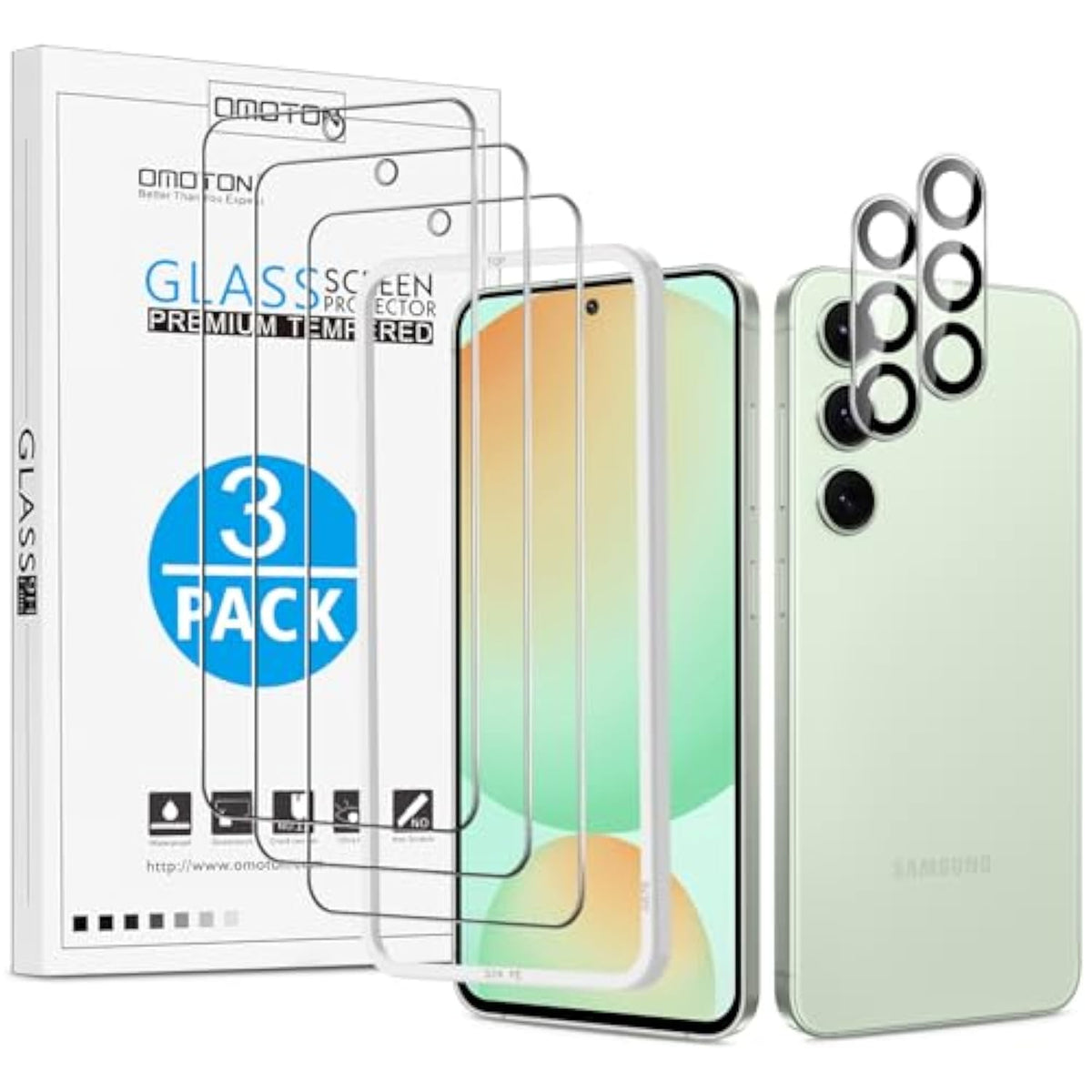 OMOTON 3+2 Pack Screen Protector and Camera Lens Protector for Samsung Galaxy S24 FE, Anti Scratch, Bubble Free
