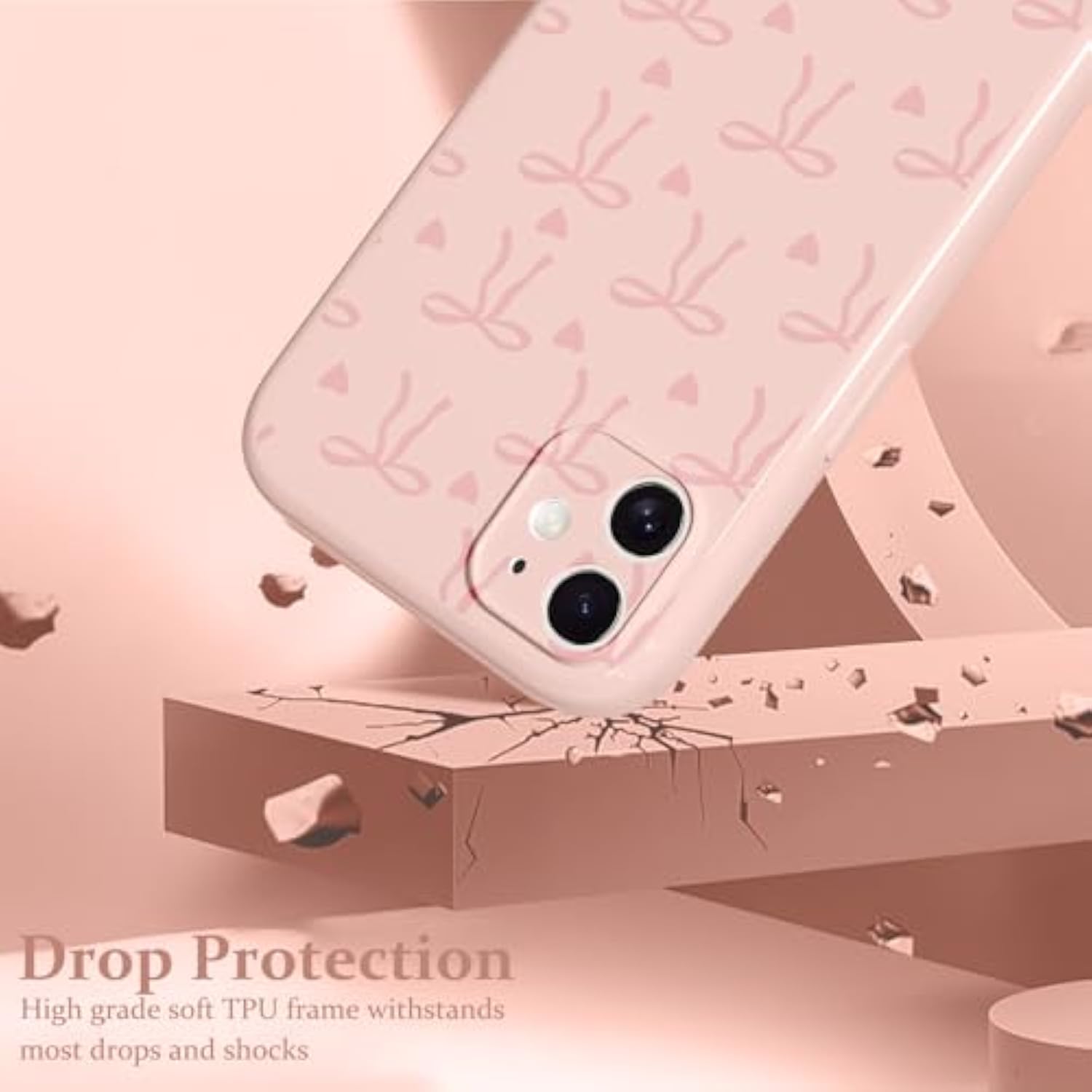Cute Bow Phone Case For Iphone 12 6.1", Aesthetic Pink Heart Ribbon Bowknot Pattern Print Design Women Girly Case Gloss Raised Camera Protective Cover Soft Slim Silicone Shockproof Tpu Funda