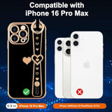 Compatible With Iphone 16 Pro Max Case With Strap For Women Girls [2× Screen Protectors], Cute Love-Hearts, Wristband Kickstand Luxury Plating Edge Protective Phone Case (6.9") - Black