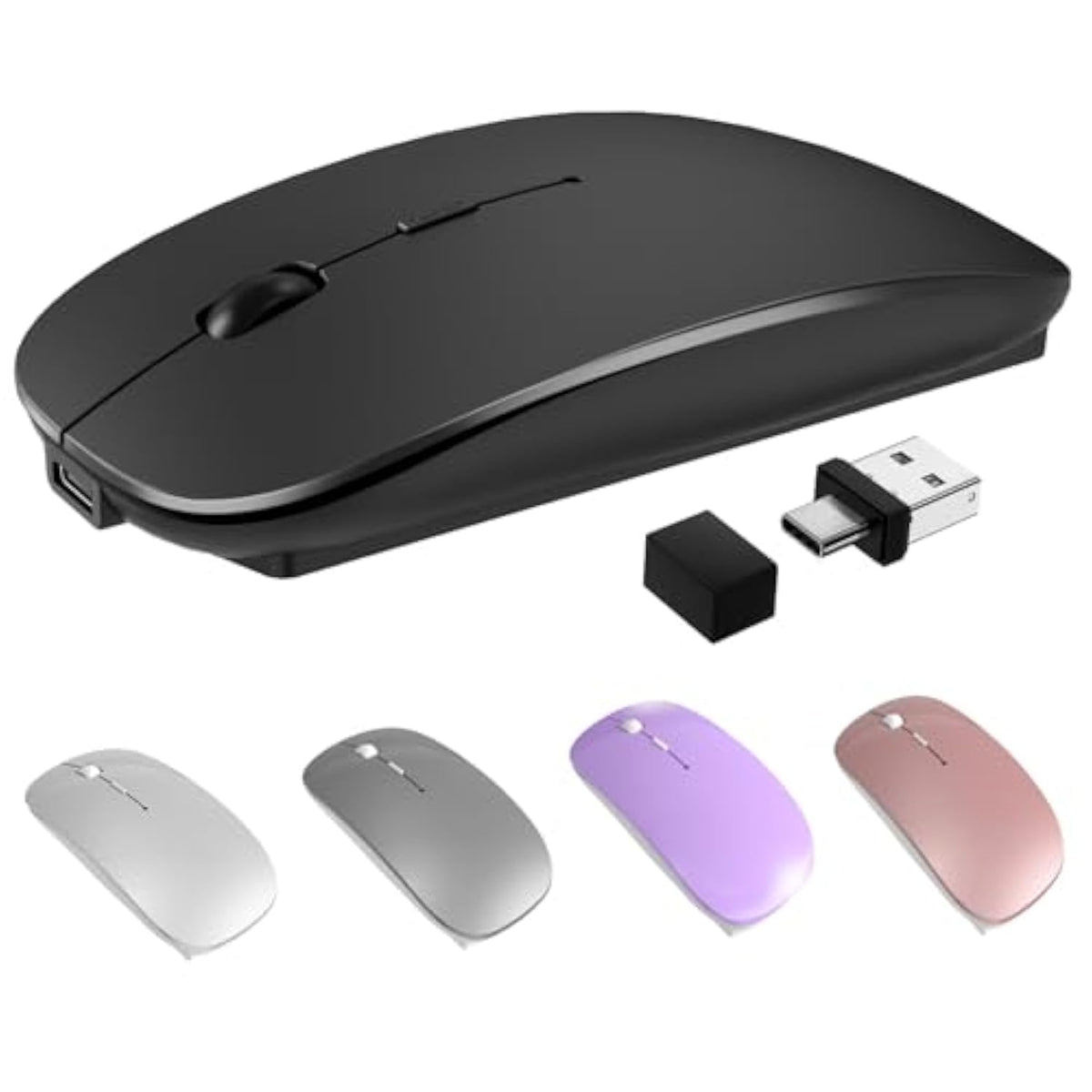 Bluetooth Wireless Mouse For Macbook Air Pro Mac Laptop Ipad Phone, Type C Rechargeable Silent Mice With Jiggler Mouse Mover 4 Mode Bluetooth 5.2/3.0 & 2.4G Usb-A & Usb-C Receiver- Black