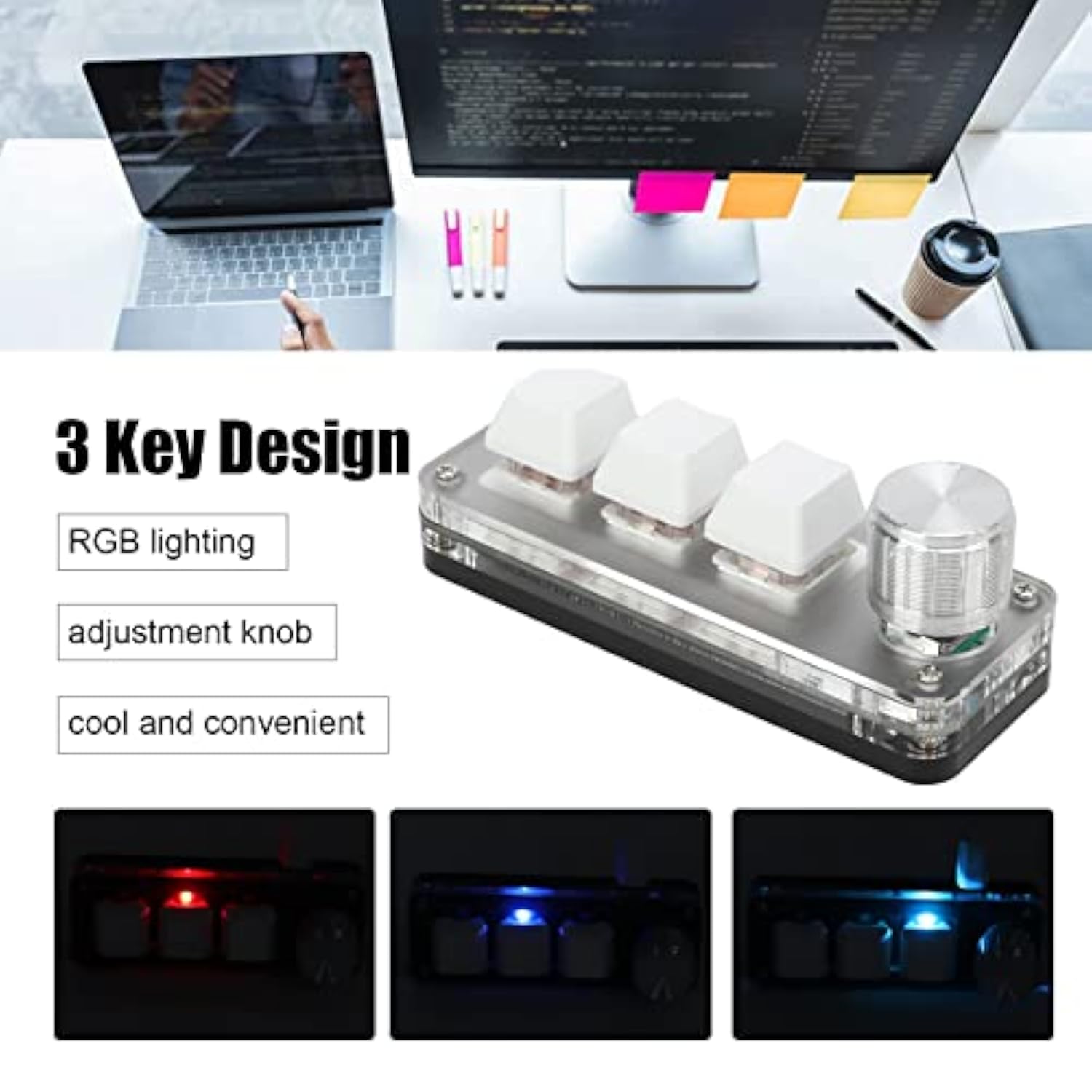 Mini 3 Key Keypad With Knob, One Handed Macro Mechanical Keyboard, 3 Fully Pro