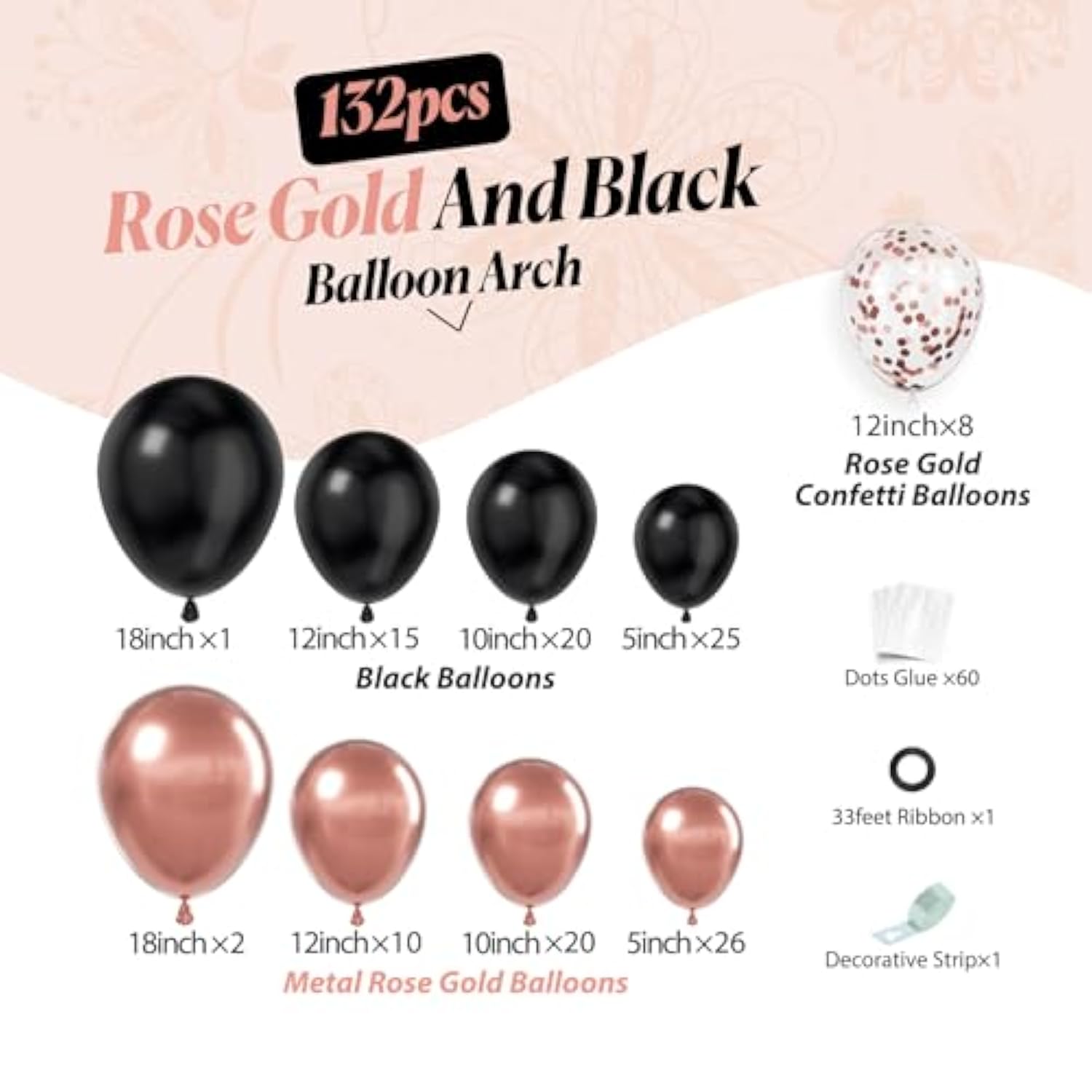 132Pcs Rose Gold Black Balloon Arch Kit for Wedding Graduation Baby Shower Party
