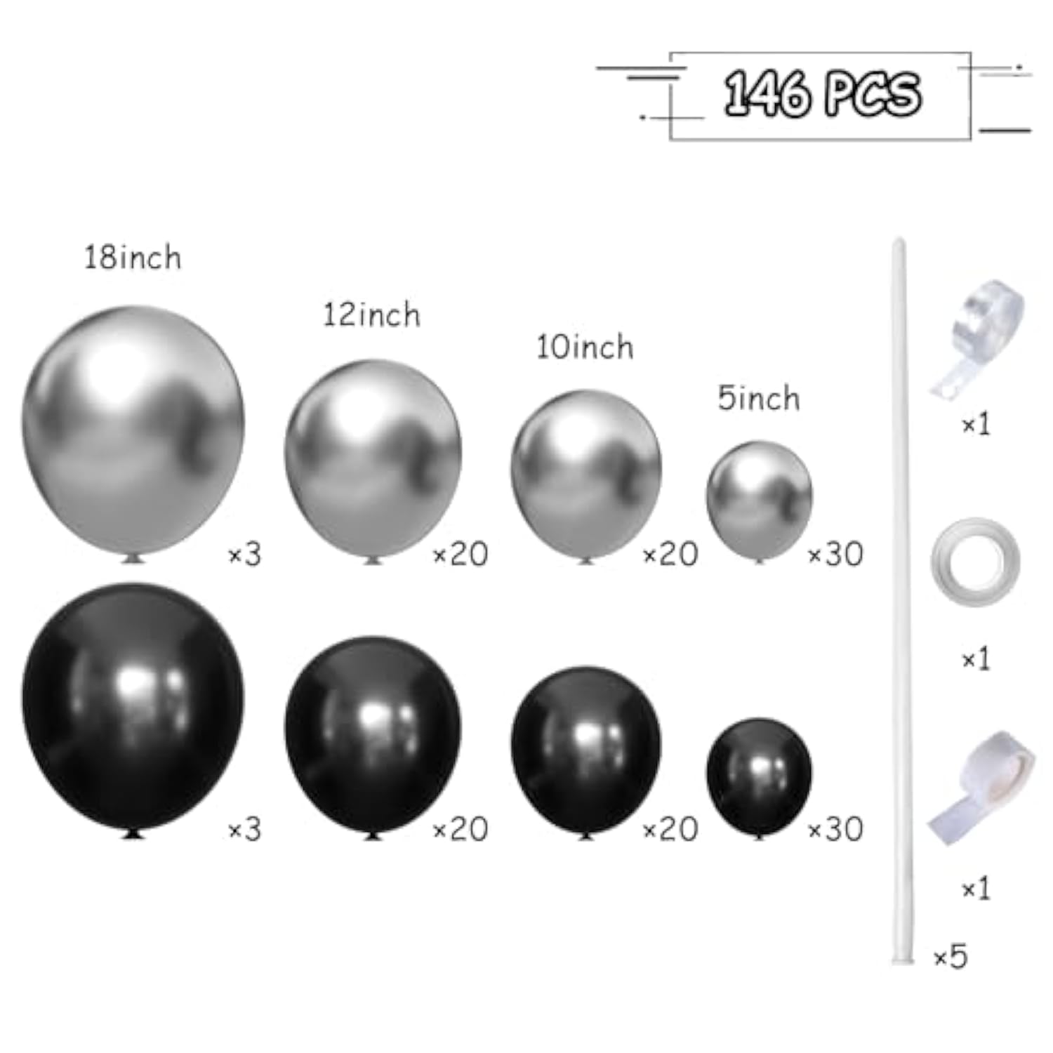 Black & Silver Balloon Garland Arch Kit: 146-Piece Party Decor