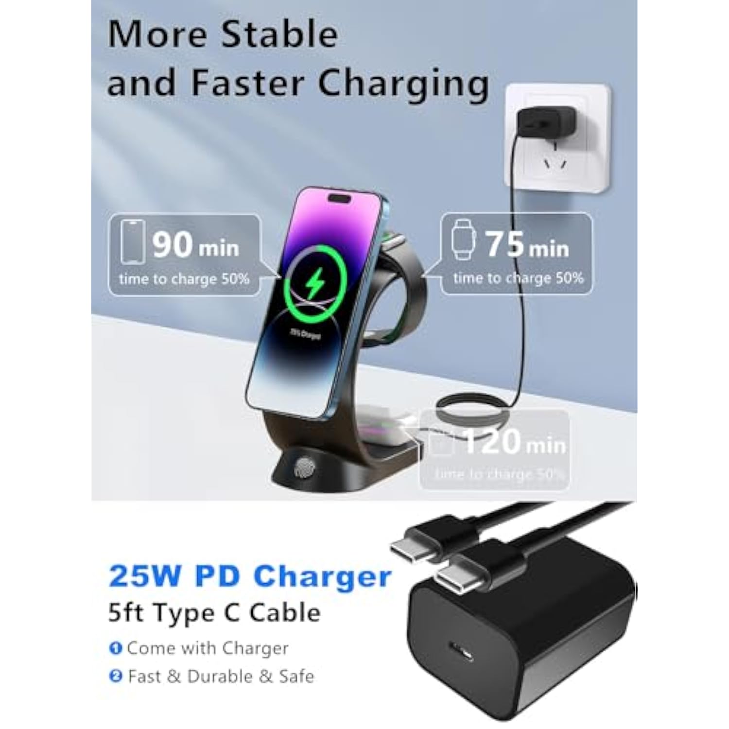 Mag-Safe 3 In 1 Wireless Charging Station, [6-Color Rgb Light] 15W Fast Magnetic Wireless Charger Stand For Multiple Devices Apple, For Iphone 16 15 14 13 12 Pro Max/Plus/Pro, For Iwatch 2 To 9