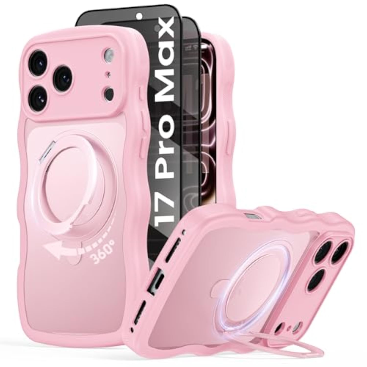 iPhone 17 Pro Max Case with 2X Privacy Screen Protector and Rotating Ring Stand Compatible with MagSafe - Cute Wavy-Tough Rugged and Durable Matte Phone Case for iPhone 17 Pro Max (Pink)