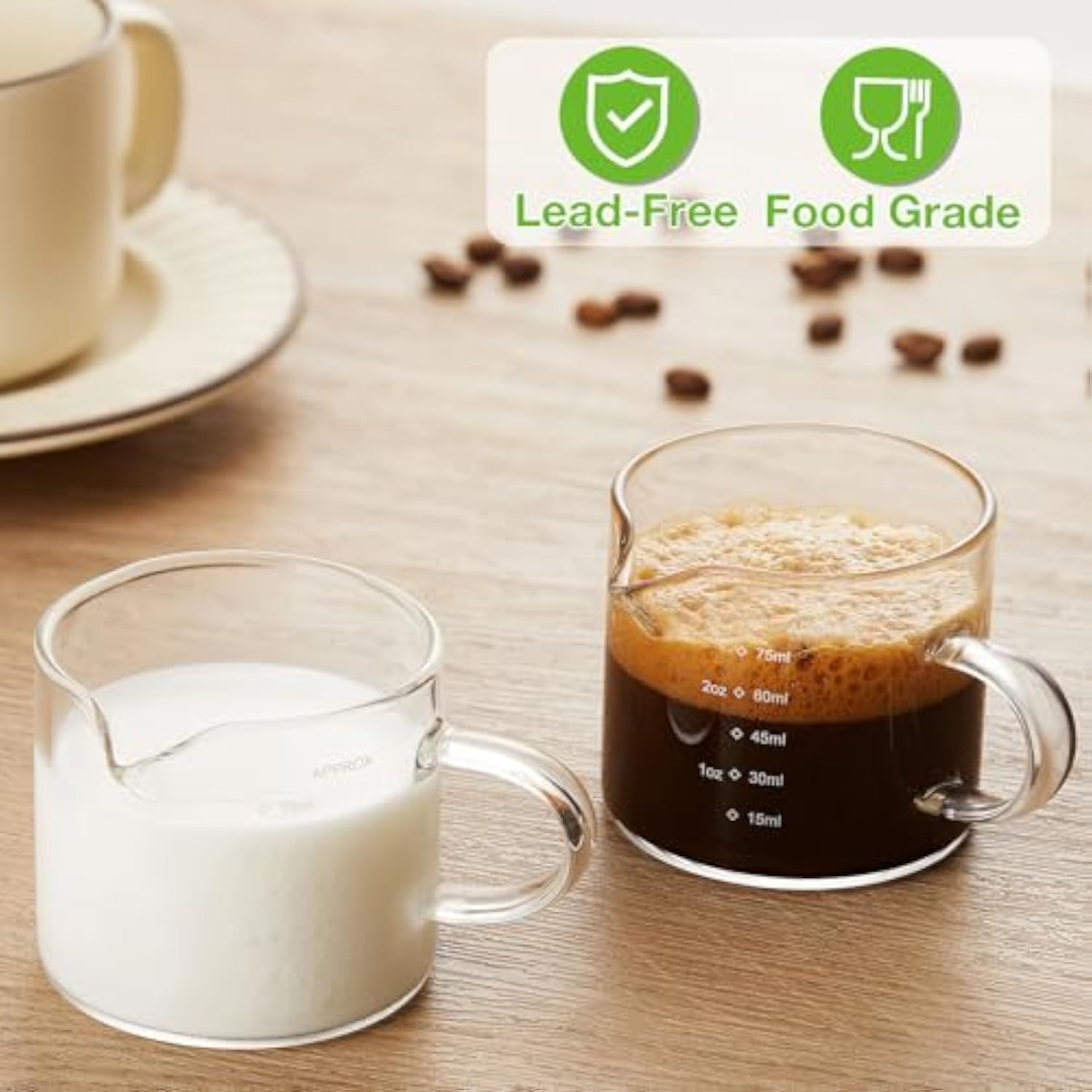2 Pack Measuring Cups, 75Ml Espresso Cups With Handle, Espresso Shot Glasses With V-Shaped Mouth, Clear Accessories, Milk Frothing Pitcher