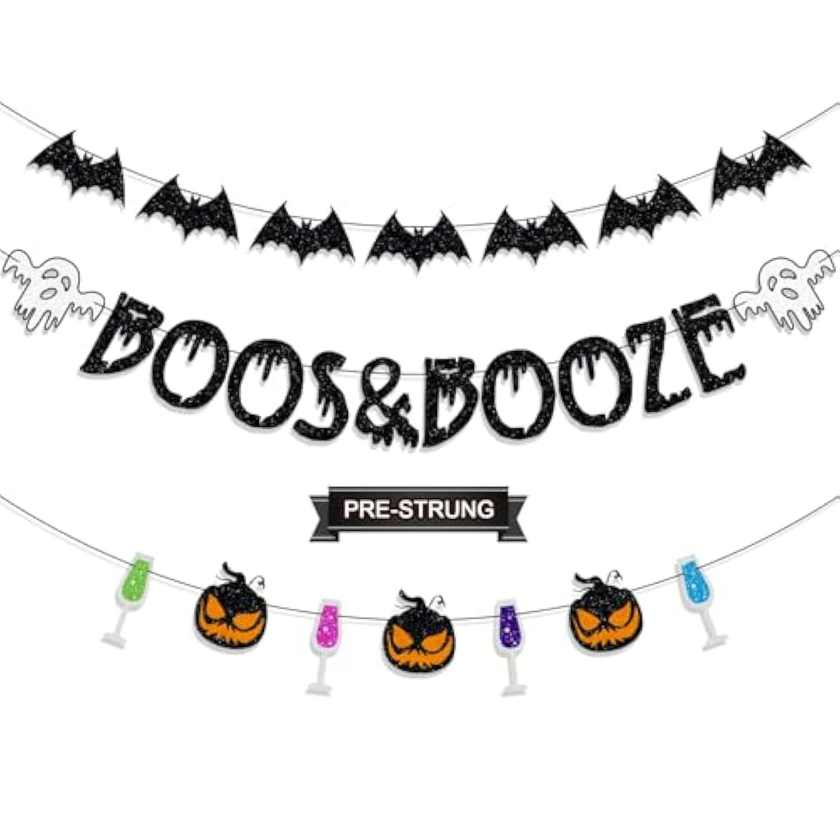 Pre Strung Boos and Booze Banner Halloween Party Decorations with Ghost Bat Witches