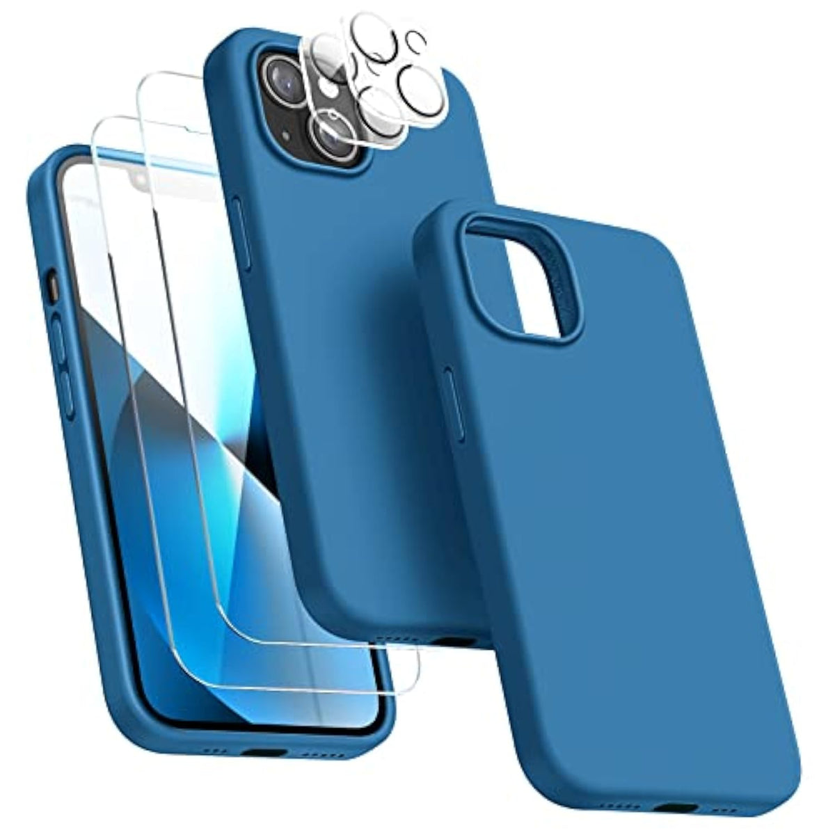 5 In 1 Designed For 13 Case, With 2 Pack Screen Protector,2 Pack Camera Lens Protector, Liquid Silicone Ultra Slim Shockproof Protective Phone Case Microfiber Lining 6.1,Blue