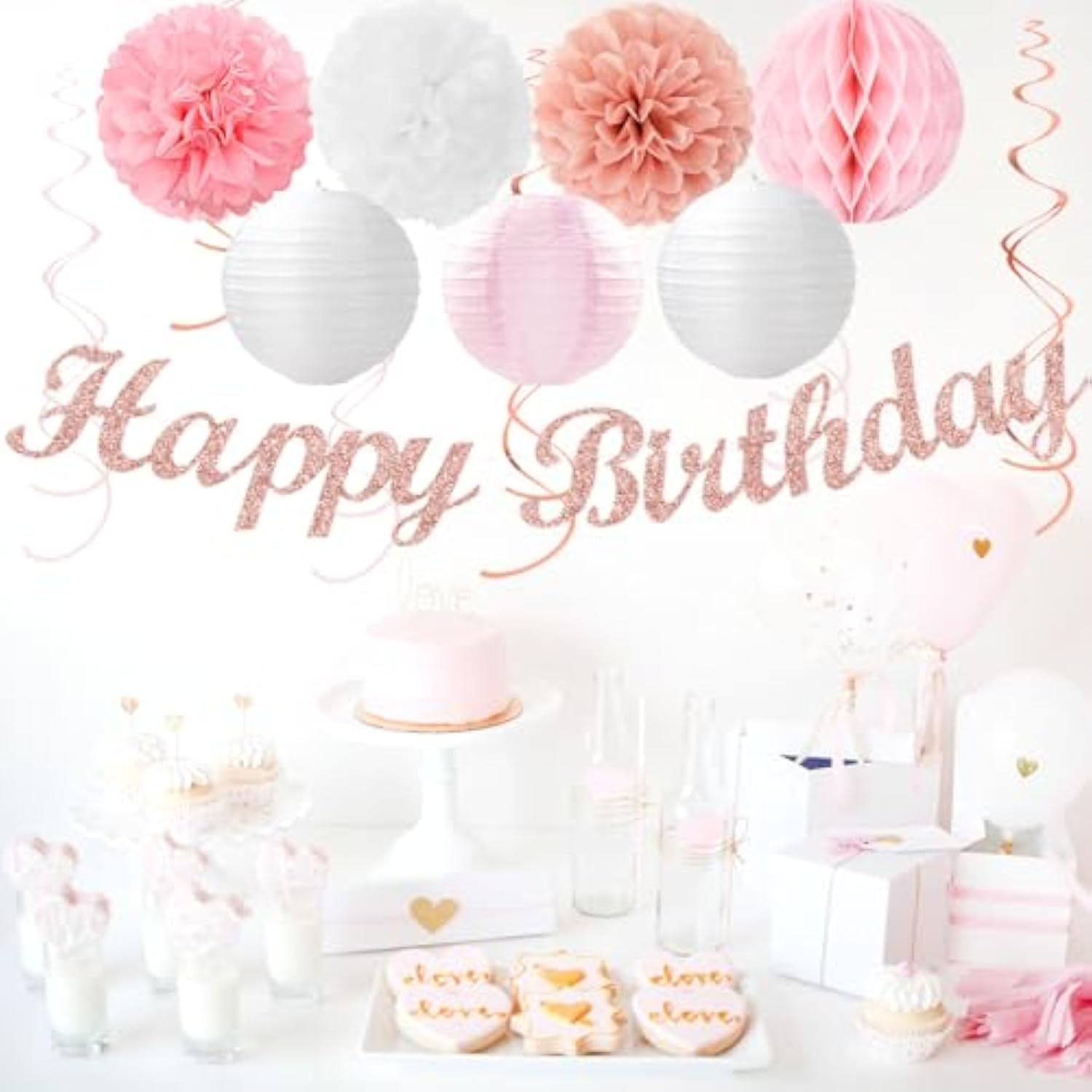 21PCS Pink White Rose Gold Birthday Décor Set – Banners, Lanterns, Swirls & More