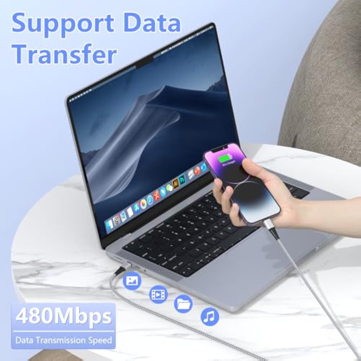 16Ft Extra Long Usb C To Lightning Charger Cable For Iphone,Apple Mfi Certified Charger Cord, Nylon Braided Sync Data Charge Cord For Iphone 14 Pro Max/14/13Pro/12/11/X/Xs/Xr/Ipad-Silver