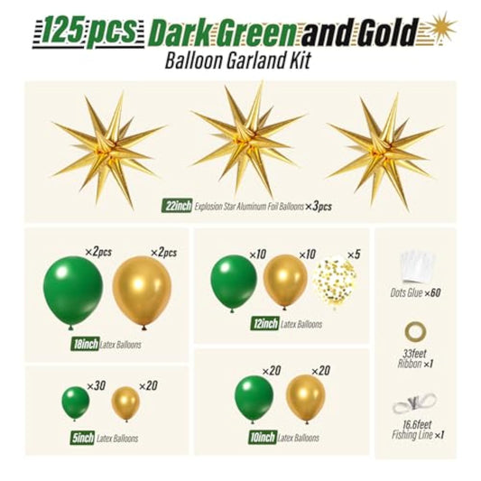 Green And Gold Balloon Arch Kit With 3Pcs Star Balloon, Emerald Forest Dark Green Balloons Metallic Gold Balloons For Birthday Baby Shower Wedding New Years Party Decorations