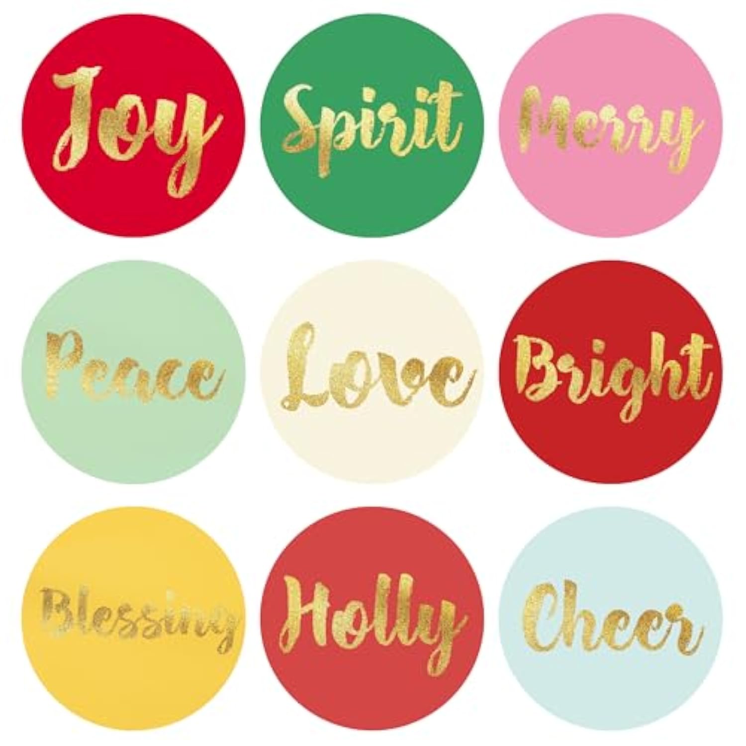 Colorful Christmas Stickers | Gold Foil | 1.4 Inch | Inspirational Positive Word | Waterproof | 135-Pack For Christmas Gifts, Holiday Stickers For Envelopes