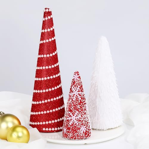 3 Pcs Christmas Cone Trees Glitter Table Decor, Red White Style