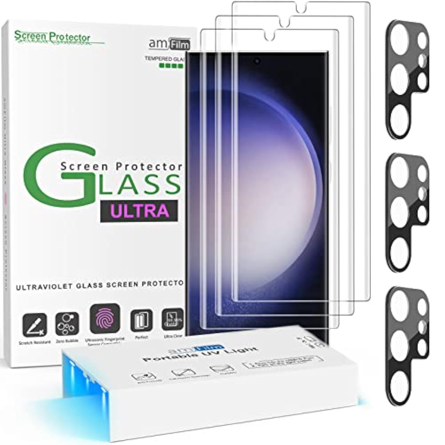 amFilm [3+3 Pack 3D Curved Tempered Glass for S23 Ultra Screen Protector Samsung Galaxy 6.8 Inch with Liquid Dispersion Tech, Designed for Fingerprint Reader, Upgraded Easier Application Tray.