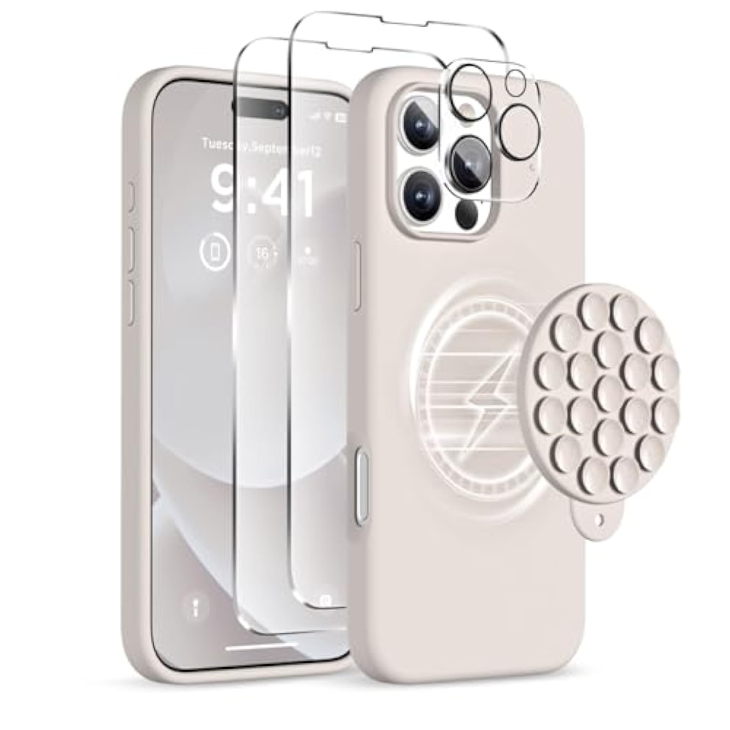Magnetic For Iphone 16 Pro Max Case, Compatible With Magsafe, Suction Cup Phone Mount, [2 Screen Protectors][Camera Protector] Silicone Shockproof Protective Phone Cover 6.9", Stone