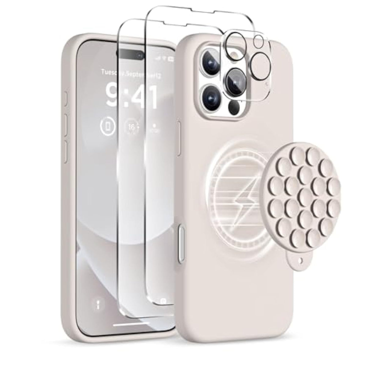 Magnetic For Iphone 16 Pro Max Case, Compatible With Magsafe, Suction Cup Phone Mount, [2 Screen Protectors][Camera Protector] Silicone Shockproof Protective Phone Cover 6.9", Stone