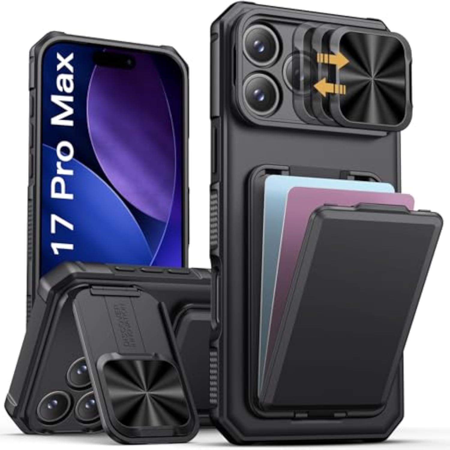 iPhone 17 Pro Max Case with Card Holder and Kickstand, Black - Compatible with iPhone 17 Pro Max 6.9 Inch Screen Size