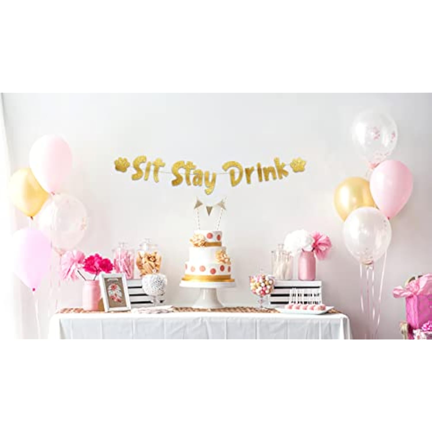 Sit Stay Drink Gold Glitter Banner – Dog Birthday Banner And Decorations – Funny Puppy Birthday Party Supplies And Gifts