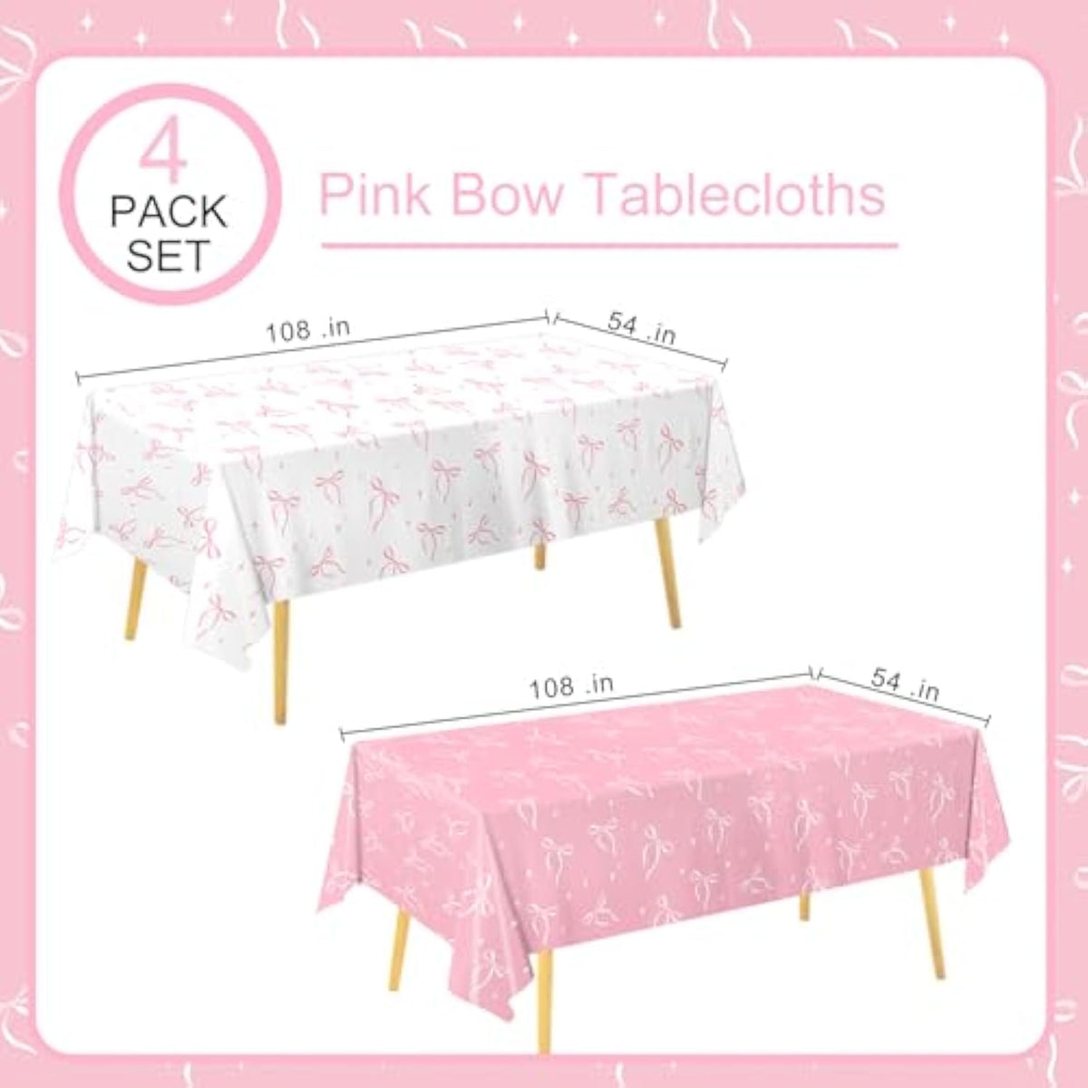 4 Pack Pink Bow Tablecloth, Coquette Birthday Decorations, Bow Disposable Table Cover For Wedding Engagement Bridal Birthday Decorations, 54 X 108 Inch