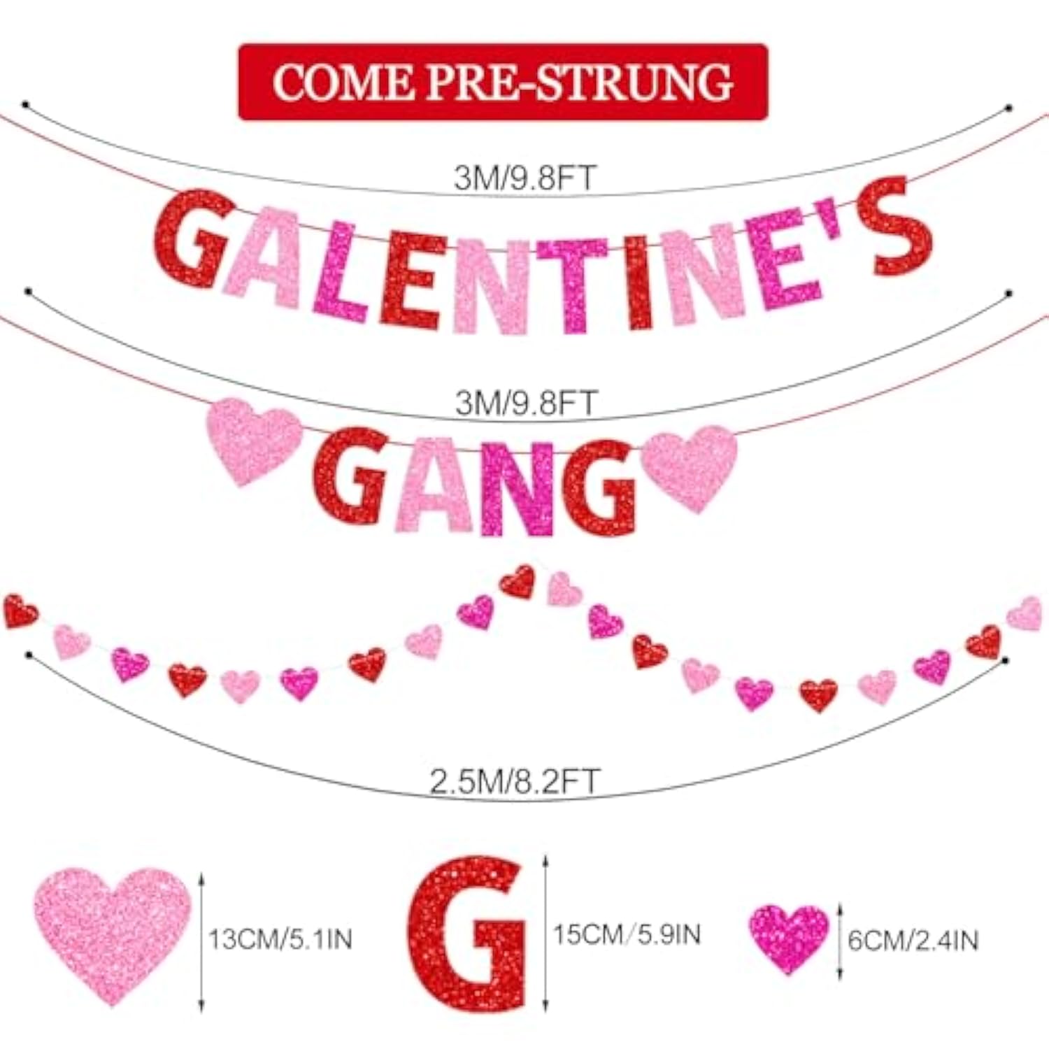 Galentine’S Gang Banner Happy Galentine’S Day Banner Red Pink Glittery Heart Garland Valentines Day Party Decorations Girls Ladies Theme Valentines Day Party Decor Supplies