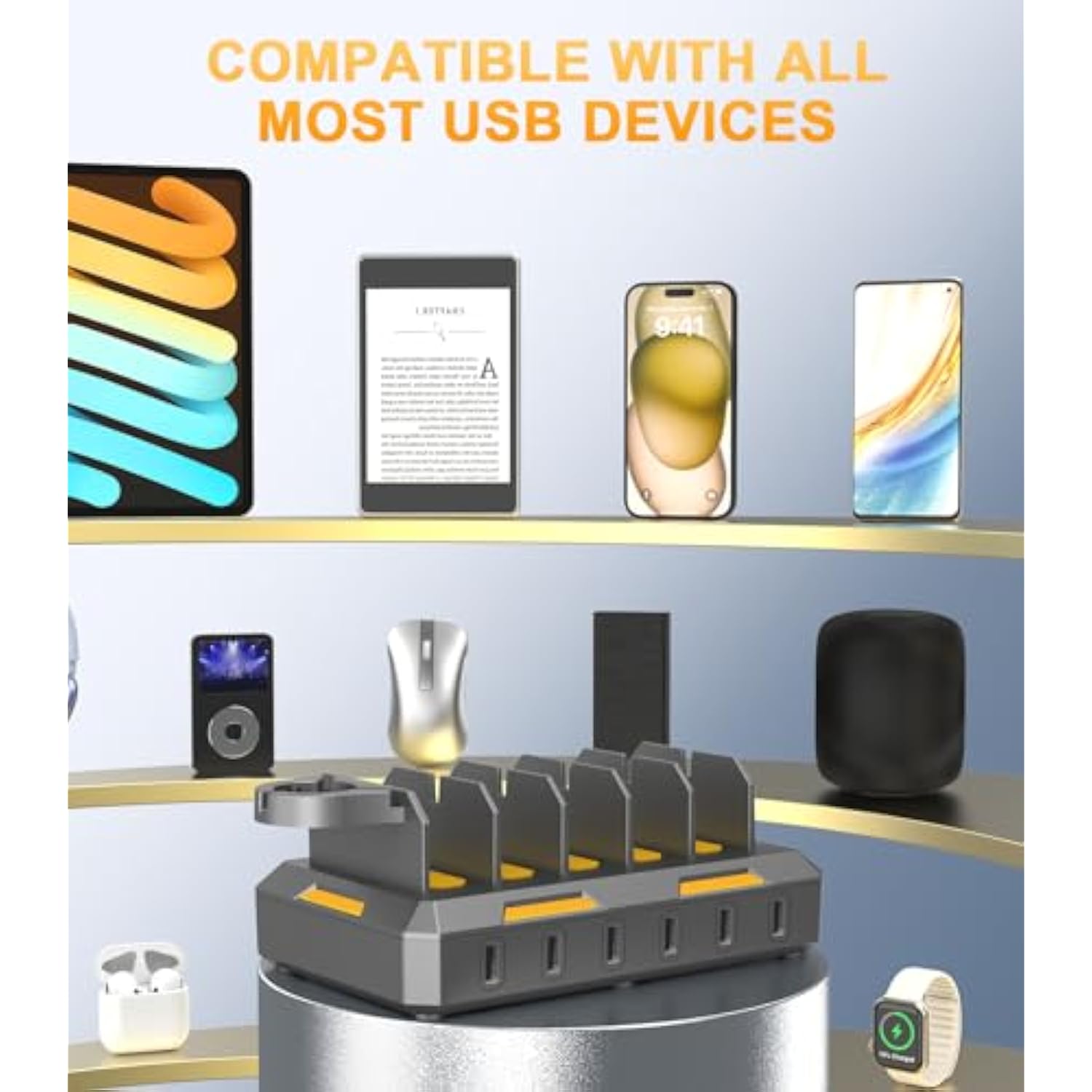 Charging Station For Multiple Devices Apple,50W Usb Multi Charging Station For Iphone,Ipad,Cell Phone,Android,Ipad,Tablet,Kindle And More,With 6 Mixed Cables?Space Gray?