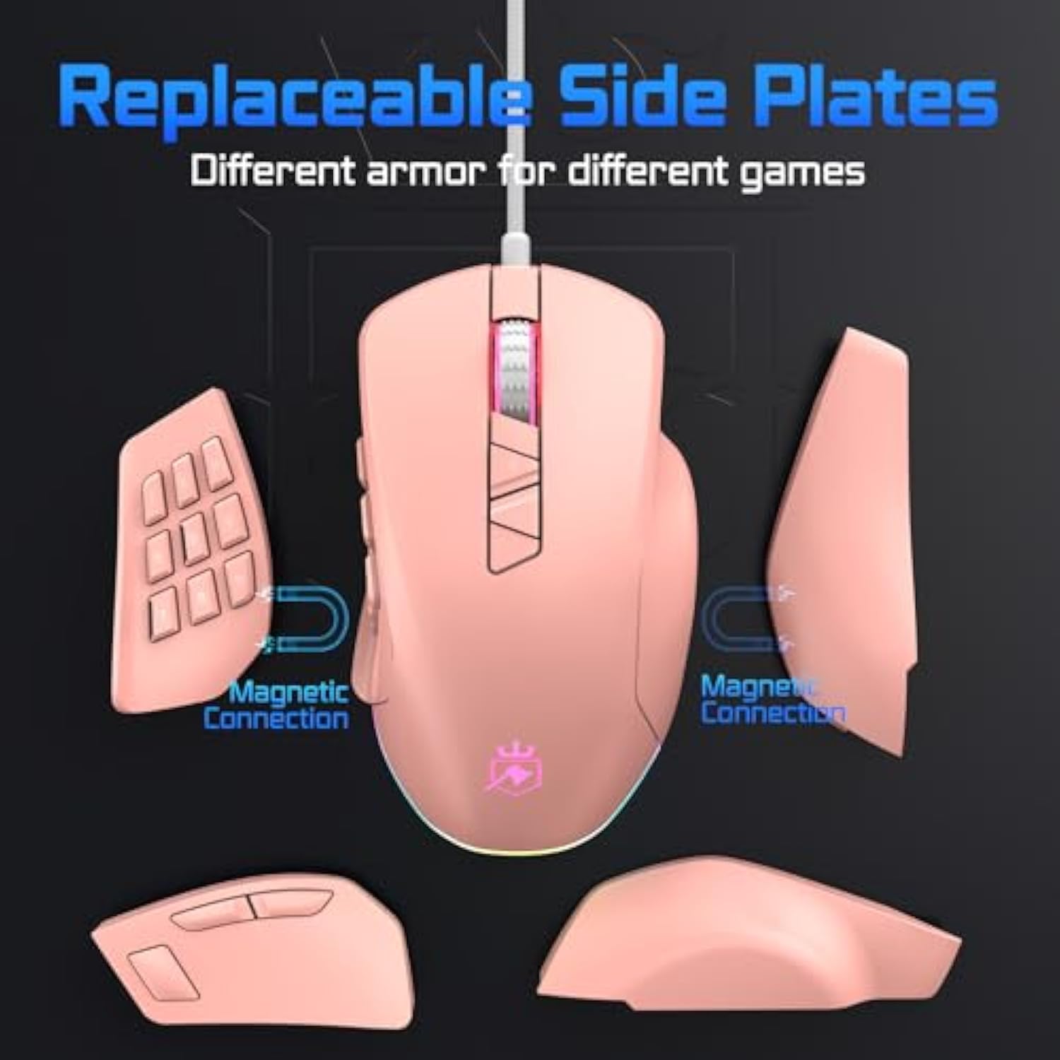 Wired Gaming Mouse With Side Plates, Mmo Mouse With 14 Programmable Buttons, Ergonomic Gaming Mouse With 2 Grip Plates, Computer Mouse With Max 12,400 Dpi, Rgb Lighting, Pink