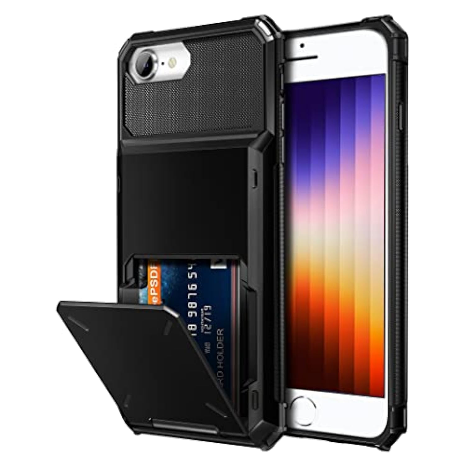 For Iphone Se Case 2022 Credit Card Holder Id Slot Pocket Dual Layer Protective Bumper Rugged Tpu Rubber Armor Hard Shell Cover For Iphone Se3 Black