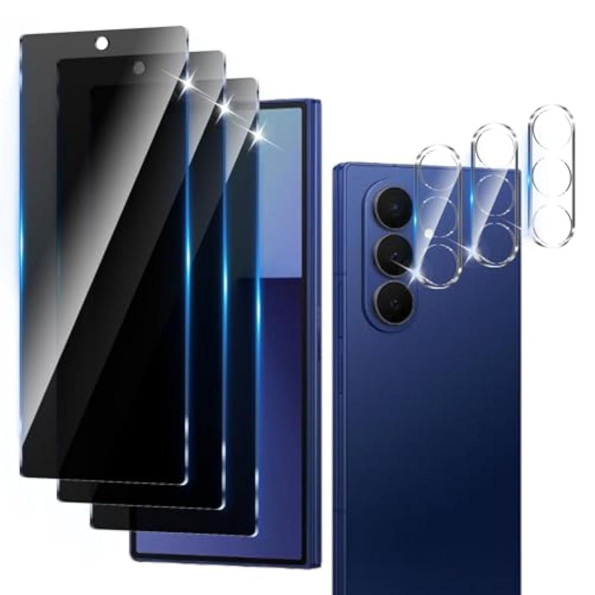 3+3 Pack Privacy Screen Protector Designed For Galaxy Z Fold 7 With 3 Pack Camera Lens Protector,Full Coverage Anti-Spy Tempered Glass Film,9H Hardness,Bubble Free,Easy To Install