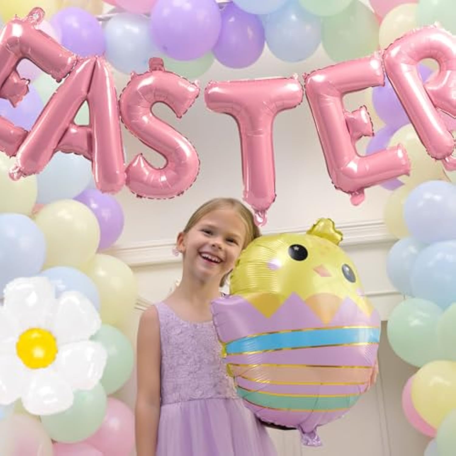 Easter Balloon Garland Arch Kit Pastel Balloons With Easter Egg Chicken Daisy Bunny Butterfly Pastel Pink Letter Foil Balloons For Spring Big Resurrection Day Baby Shower Party Decorations
