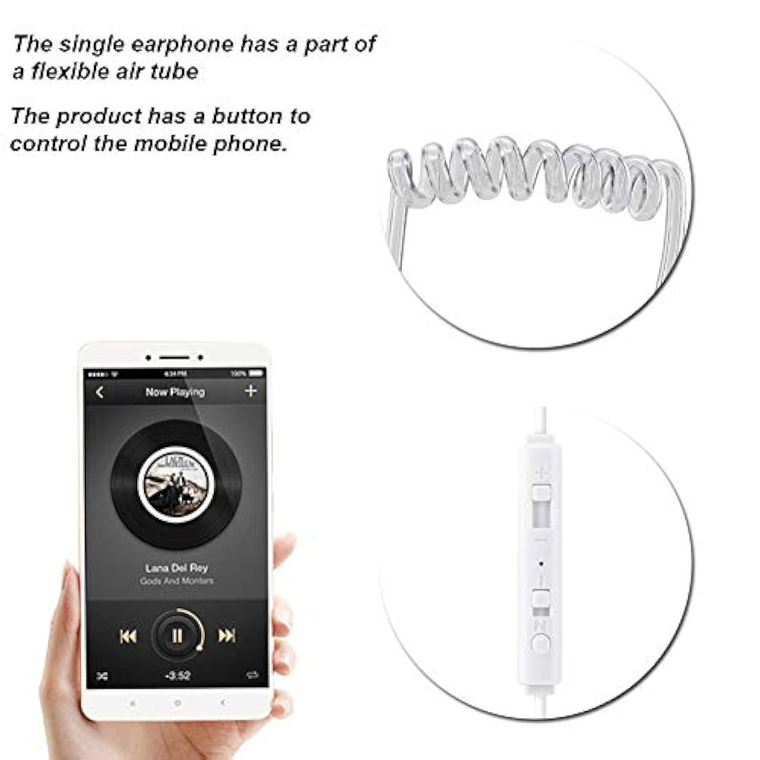 Universal 3.5Mm Jack Acoustic Hollow Air Tube Earbuds Headphones With Microphone,Anti-Radiation In-Ear Single Earbud,Wired Cell Phone Earpiece (White)