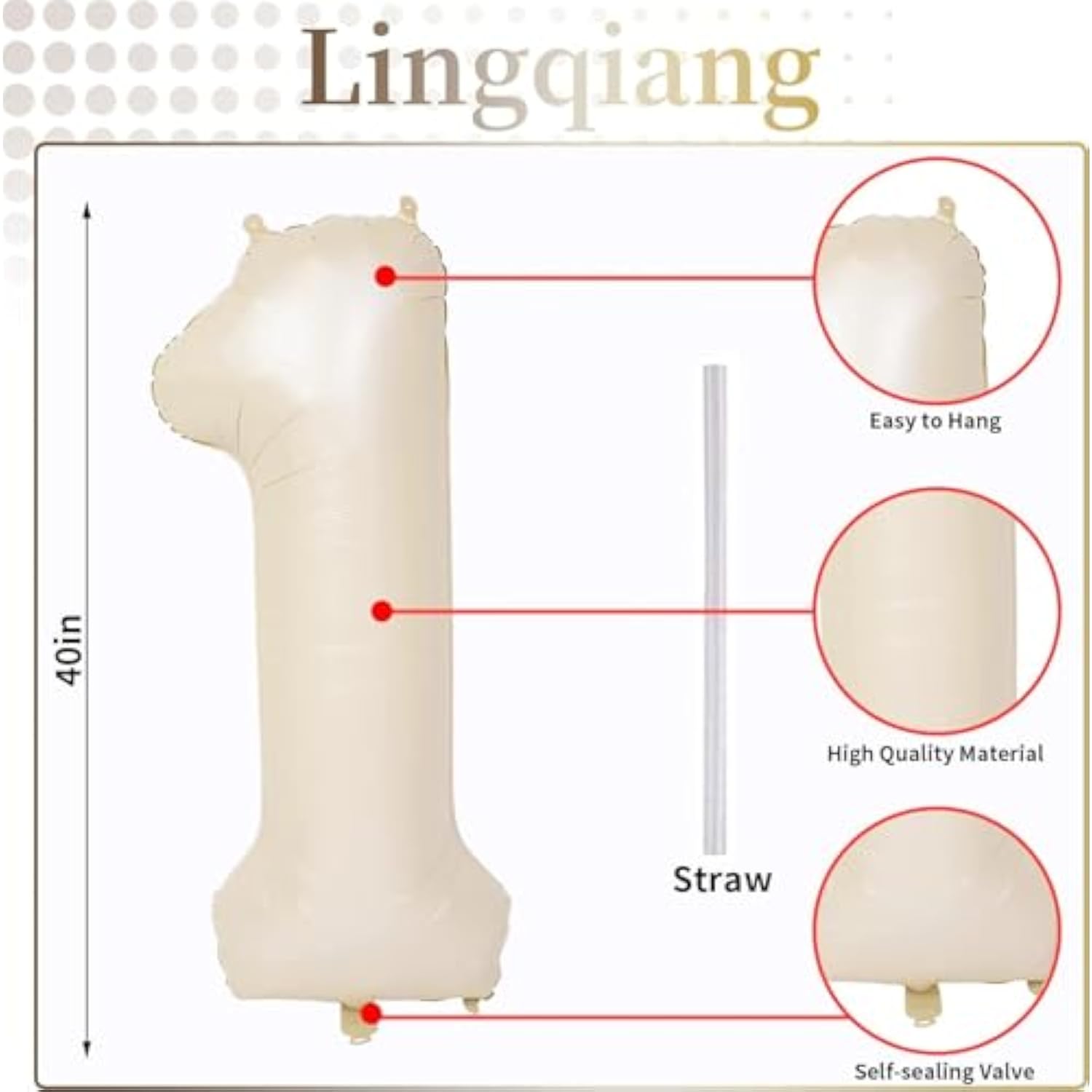 40 Inch Beige Number 1 Balloon For 1St Birthday Decoration, Large Self Inflating Cream Foil Number Balloons 0-9 For Boys Girls, White Sand 1 Helium Balloons For Women Men Party Anniversary Supplies