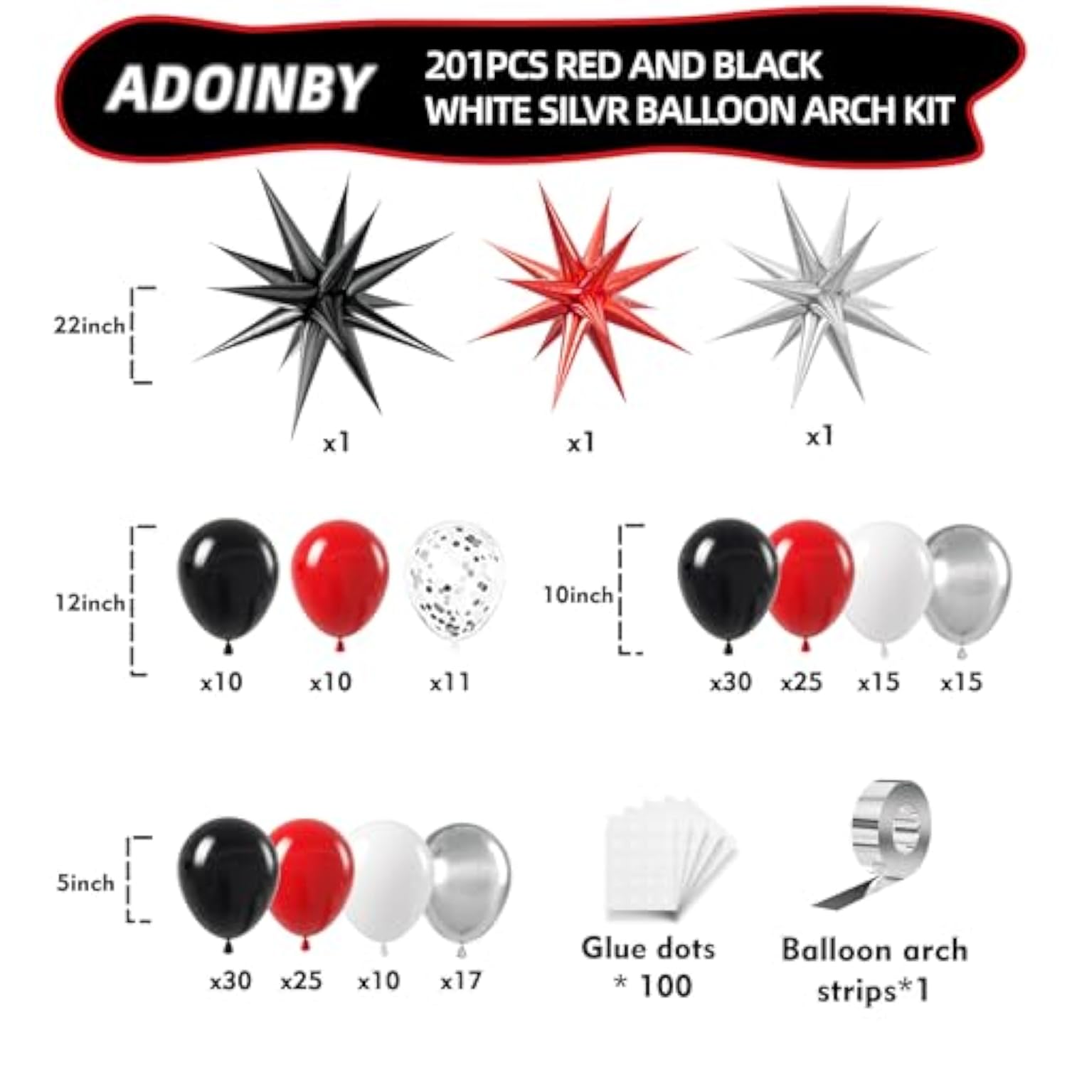 Red Black And White Balloon Arch Kit, 201Pcs Explosion Star Red Black White Silver Latex Balloon Garland Kit, Different Size Balloons For Anniversary Birthday Racing Car Poker Party Decoration